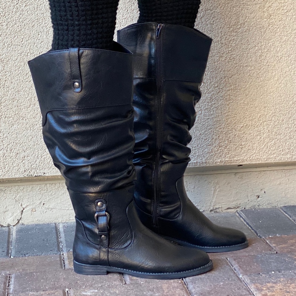 Black Knee High Slouchy Flat Boots Wide Fit Style - Picture 7 of 10